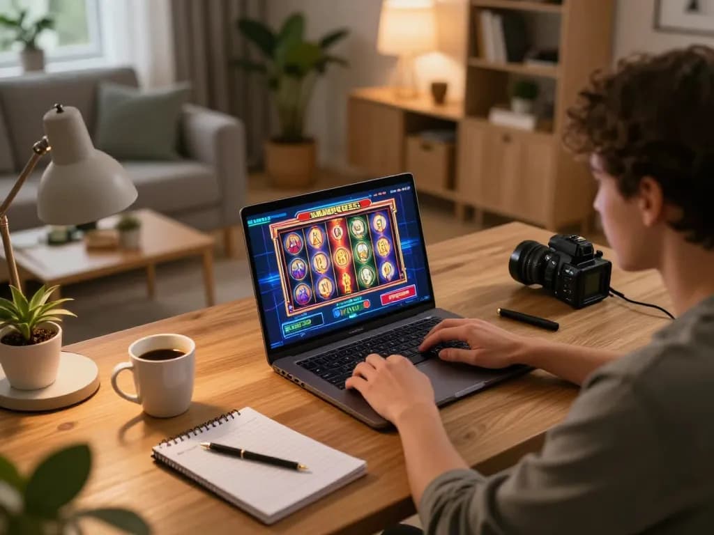 Iwin player enjoying an online slot game on a laptop in a cozy home setting