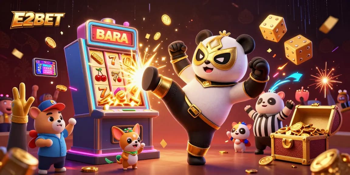 E2BET showcases a thrilling jackpot scene with a panda wrestler and cheering animals.