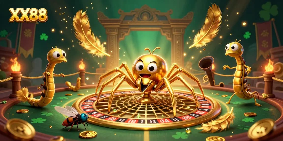 Experience thrilling gameplay at XX88 with a dynamic illustration of a golden spider and casino elements.