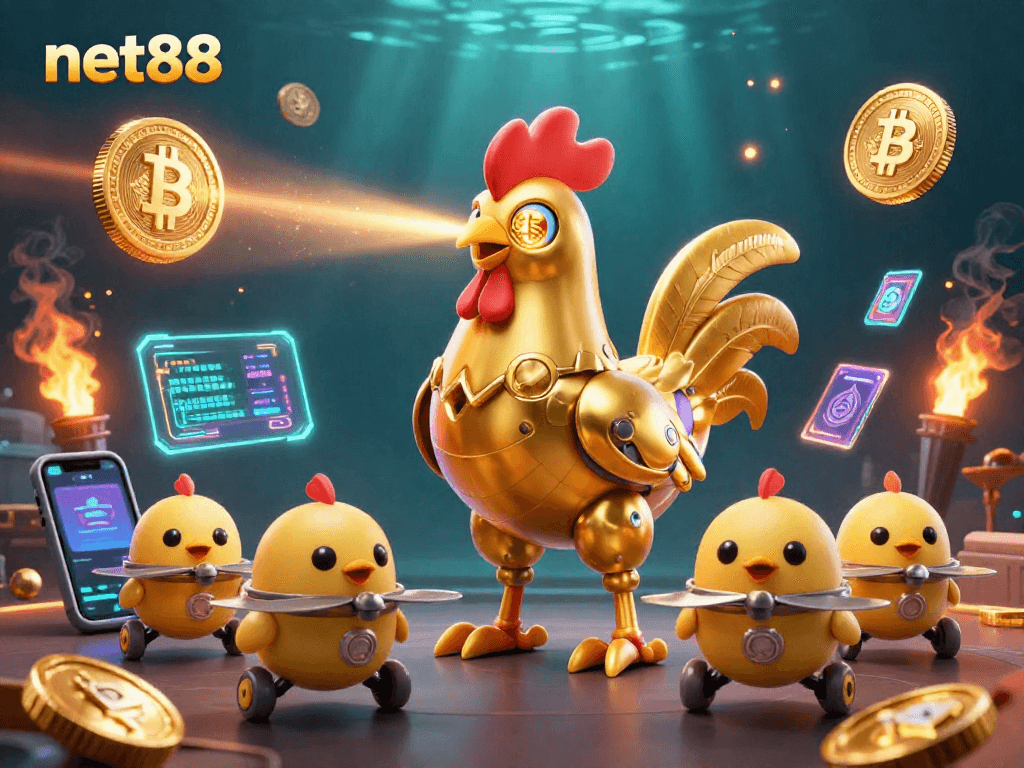 Engage with net88's captivating gaming scene featuring a golden rooster robot and crypto elements.