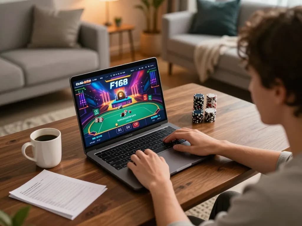 Engaging in an exciting poker game on F168's online platform, illustrating cozy home gaming.