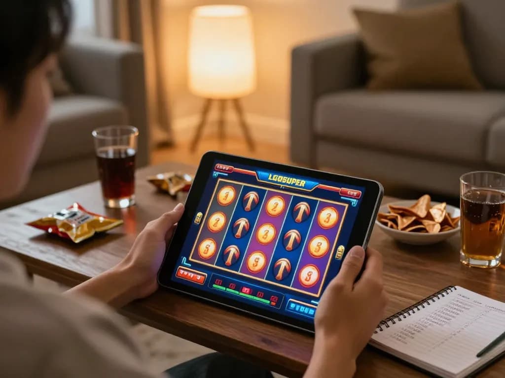Engaging home gaming scene featuring LGOSUPER slot gameplay on tablet with cozy decor