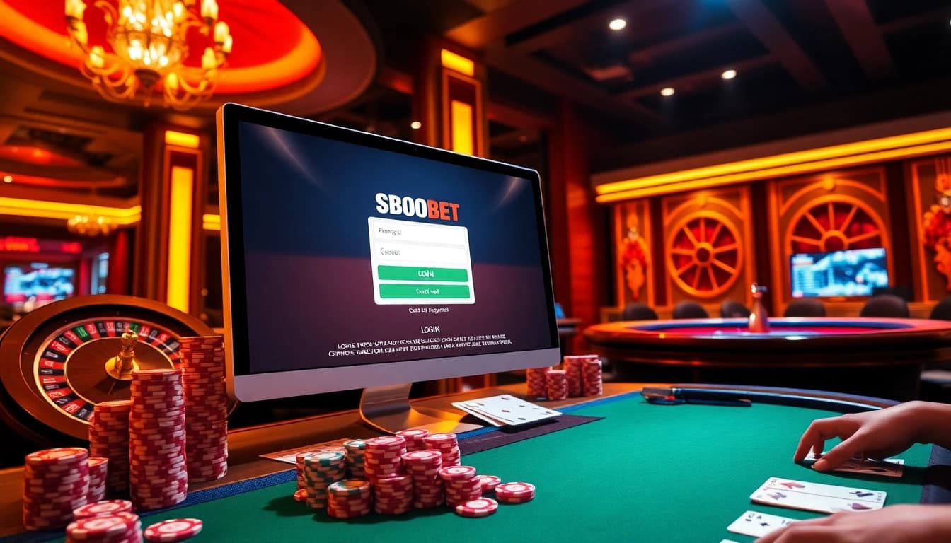 Engaging SBOBET link interface integrated with gambling elements like poker chips and cards.