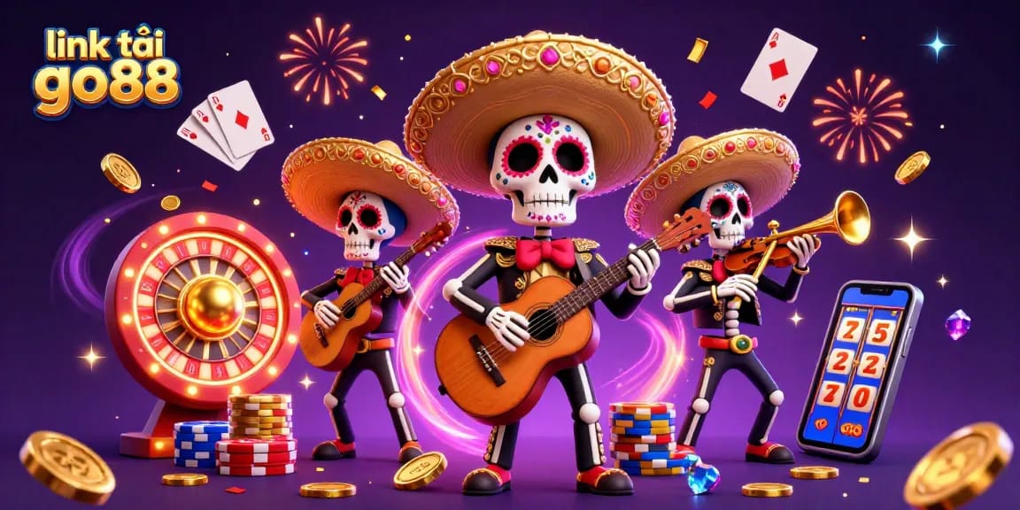 Experience exhilarating action with link tải go88 in this vibrant 3D casino illustration showcasing a festive mariachi band.
