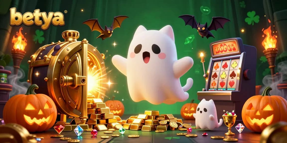 Engage with betya's haunted casino, featuring a ghost cat and treasures in a vibrant 3D scene.