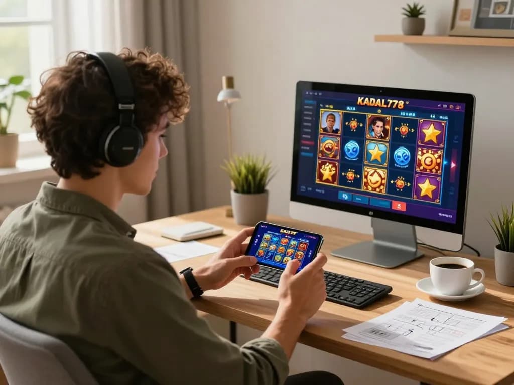 KADAL778 mobile gaming scene with a player enjoying online slots in a cozy home office setting.