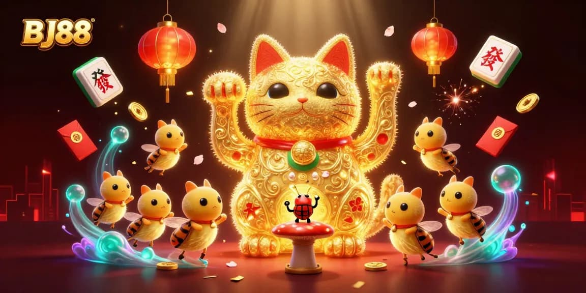 Experience thrilling gaming with BJ88's lucky cat in a vibrant casino scene.