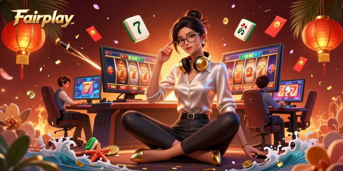 Experience Fairplay with an elegant gamer at a vibrant online casino setup.