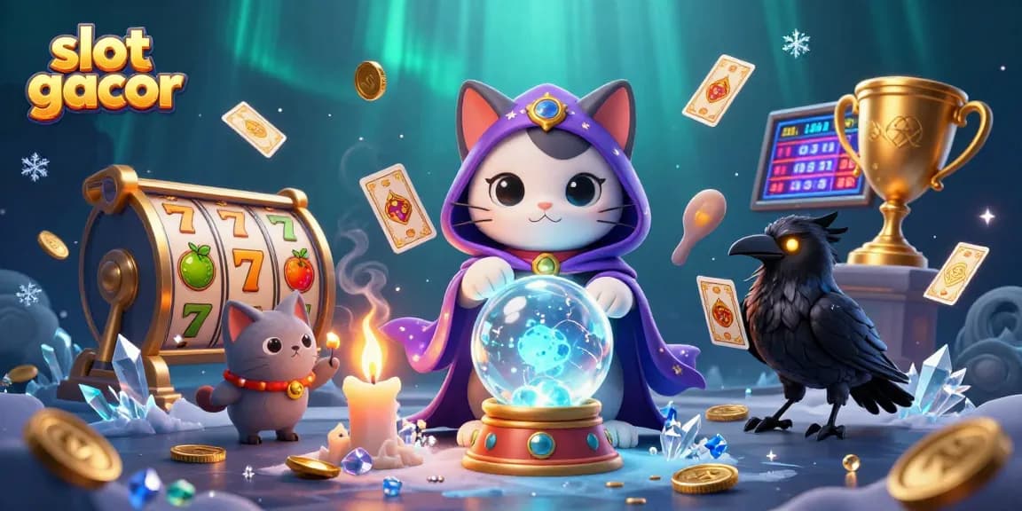 Menang slot gacor dengan karakter keberuntungan dalam ilustrasi 3D yang penuh detail.