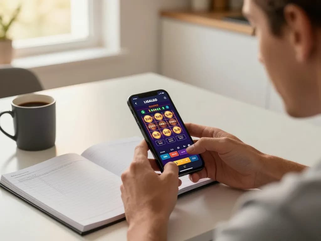 LIGALGO app showcased on smartphone screen while placing bets in a comfortable kitchen setting