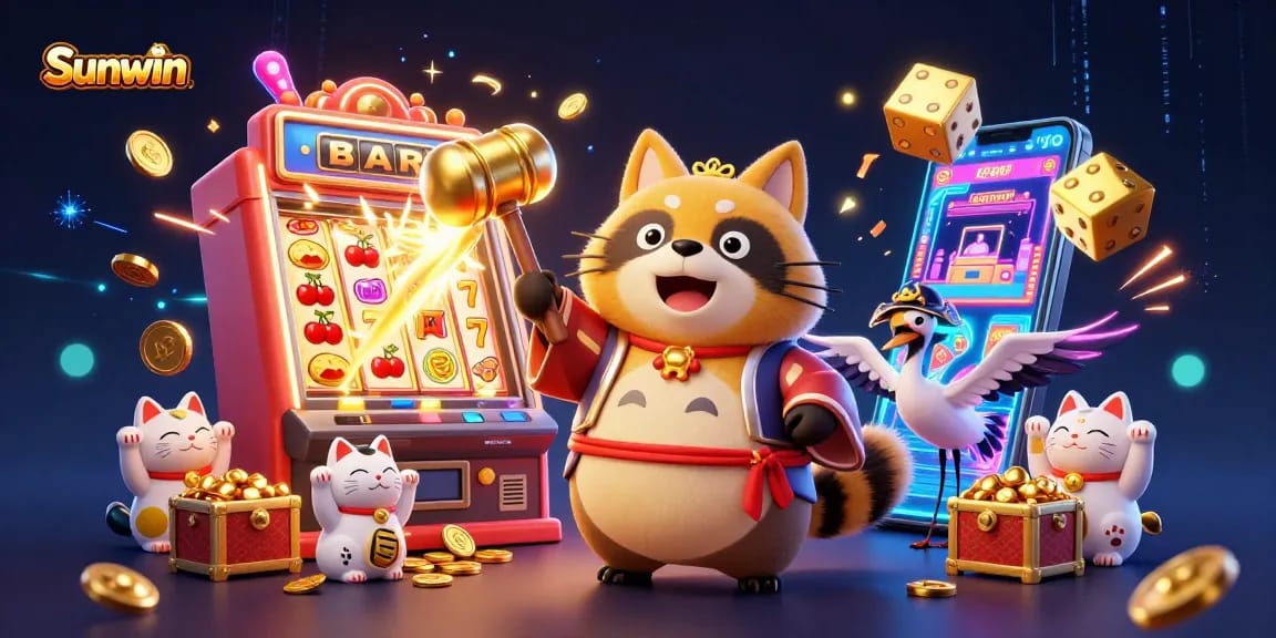 Experience the excitement of Sunwin with a cheerful tanuki and colorful gambling elements in a dynamic casino scene.