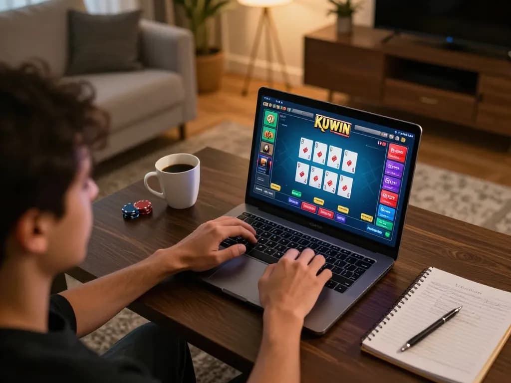 Kuwin poker player in a cozy home setup engaging in strategic plays on laptop