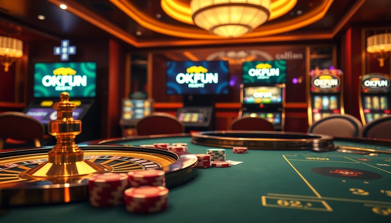 Engage in thrilling casino games with the luxurious ambiance of OKFUN, showcasing roulette and poker.