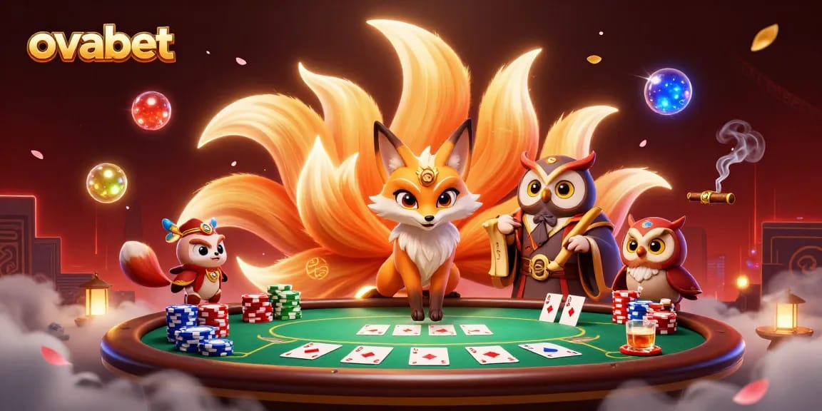 Engage in thrilling poker with ovabet alongside a captivating fox spirit and wise owl in this vibrant illustration.