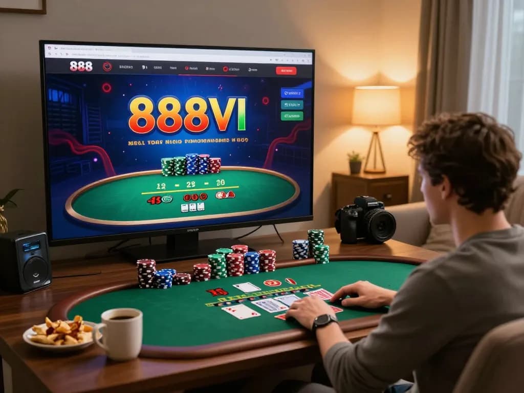 Experience the thrill of 888VI online blackjack in a cozy home setting, focusing on strategic gameplay.