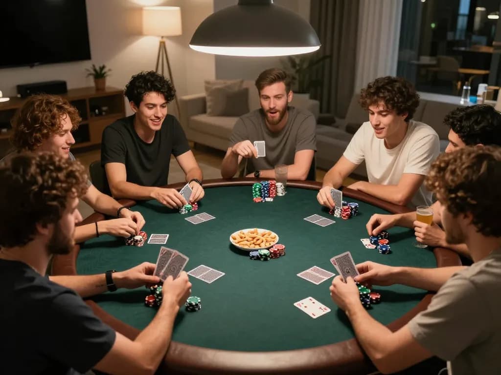 Friends enjoy a lively poker game at home, showcasing excitement and strategy with 11-hd.