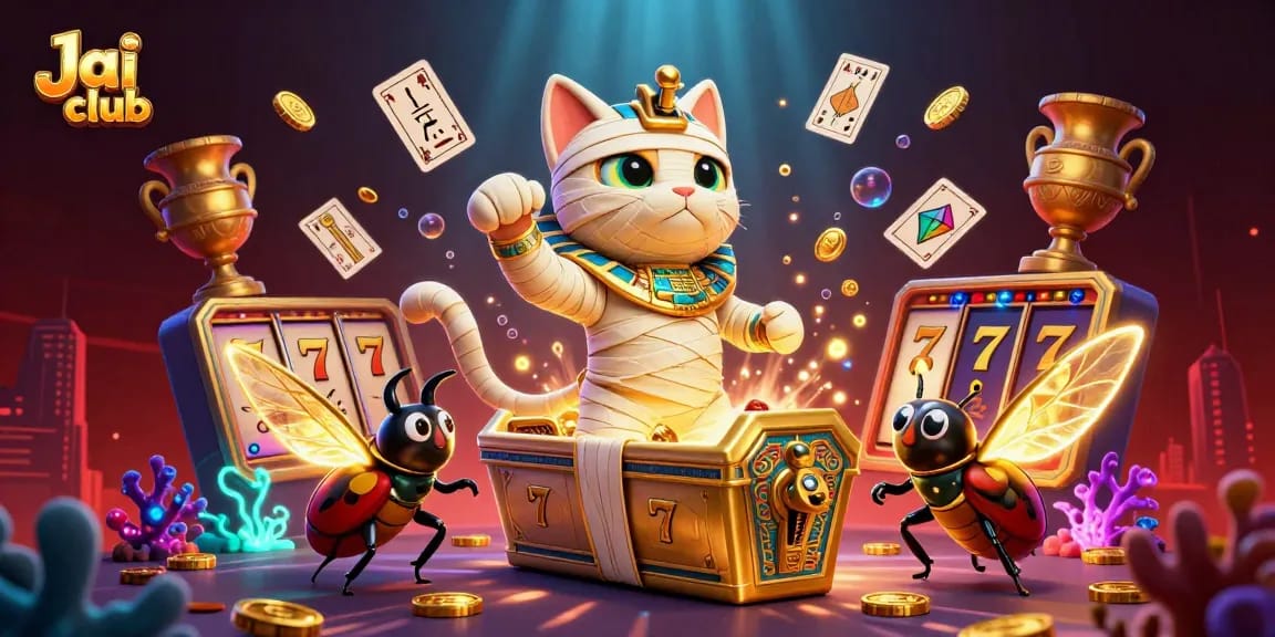 Engage with Jai club’s vibrant casino thrill as a 3D cartoon mummy cat emerges amidst golden winnings and glowing themes.