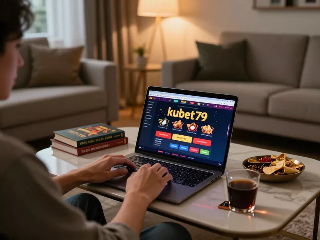 Engaged player using kubet79 online casino interface on modern laptop in cozy living room.