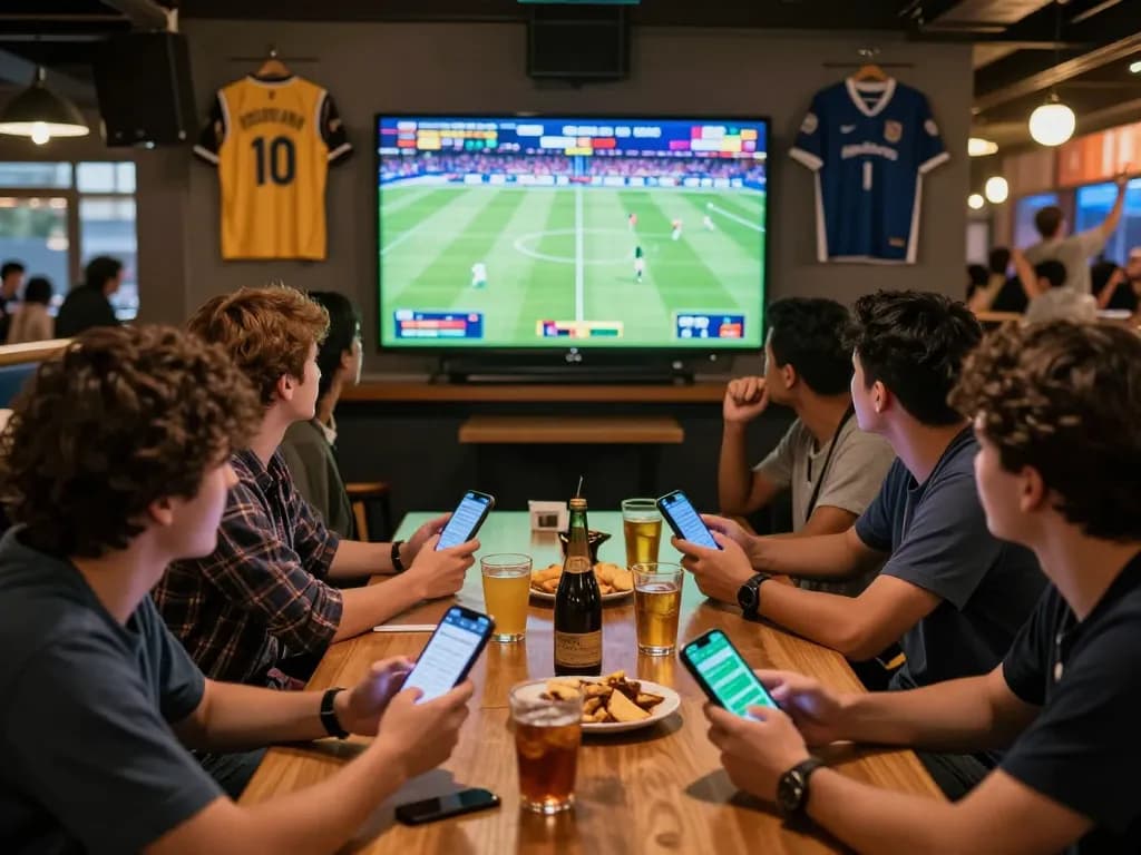 Tỷ Lệ Bóng Đá enthusiasts analyzing live games on betting apps in a lively sports bar.