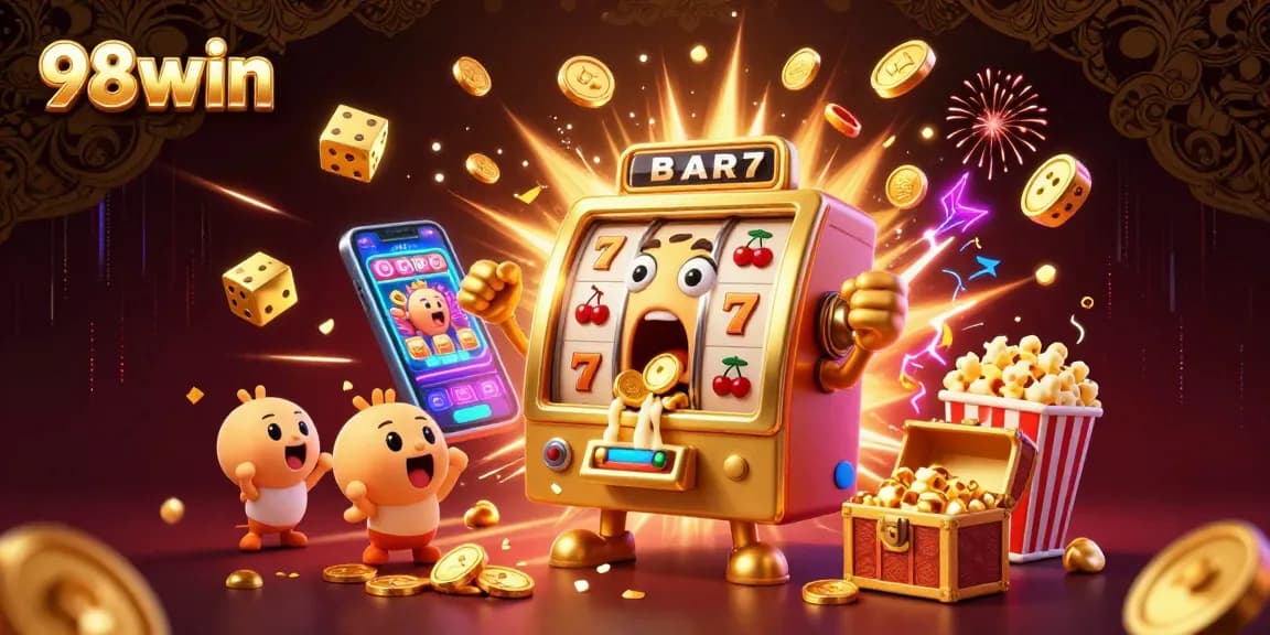 98win slot machine hits jackpot with gold coins pouring out, surrounded by cheering machines and festive elements