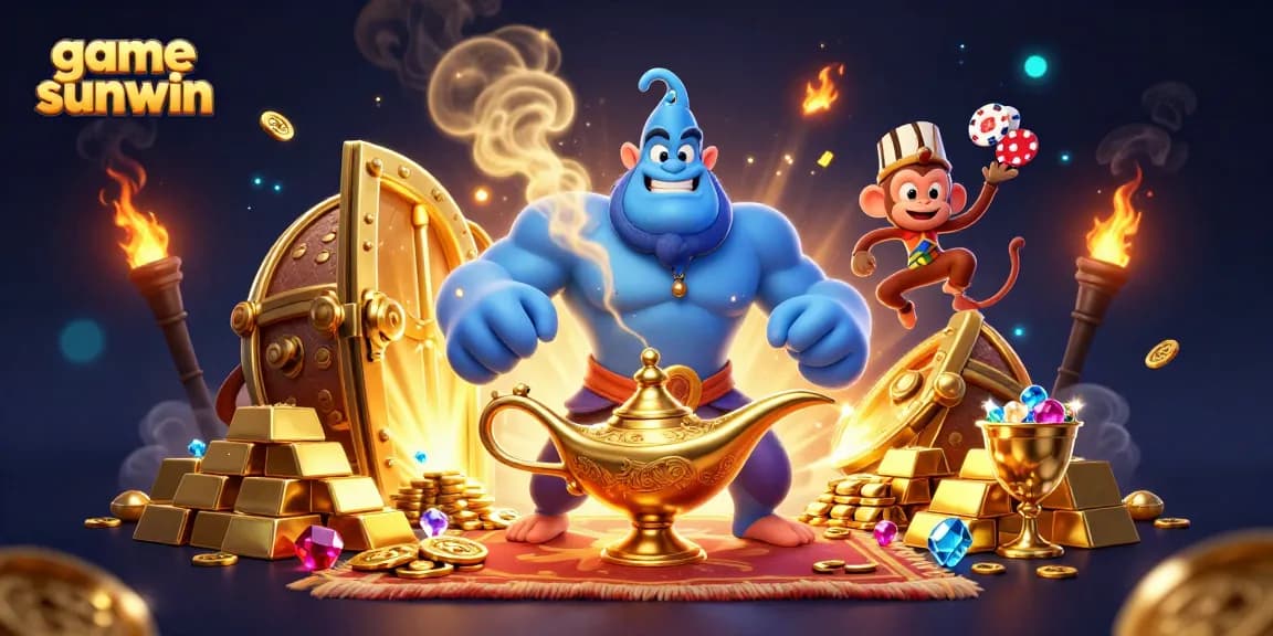 Engage with game sunwin in this illustrated casino scene featuring a genie, monkey, and treasures.