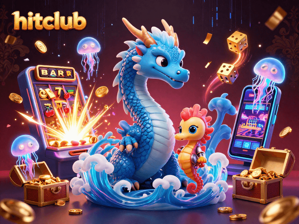 Hitclub showcases thrilling gameplay with a vibrant water dragon, slot machines, and glowing jellyfish.