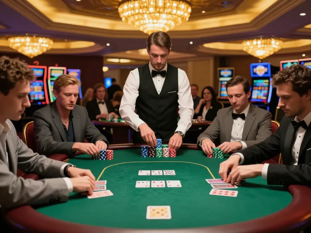 Players engage in a strategic poker game at a luxurious casino table, embodying the essence of gambling excellence at XX88.