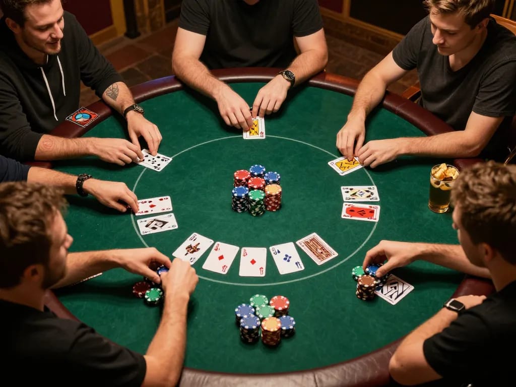 Players enjoying an engaging poker game night at home, showcasing okking1 casino excitement in comfortable ambiance.