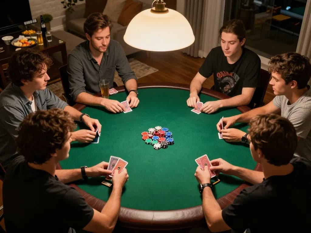 Friends enjoy a poker night at home, showcasing sun win strategies with lively conversation and chips.