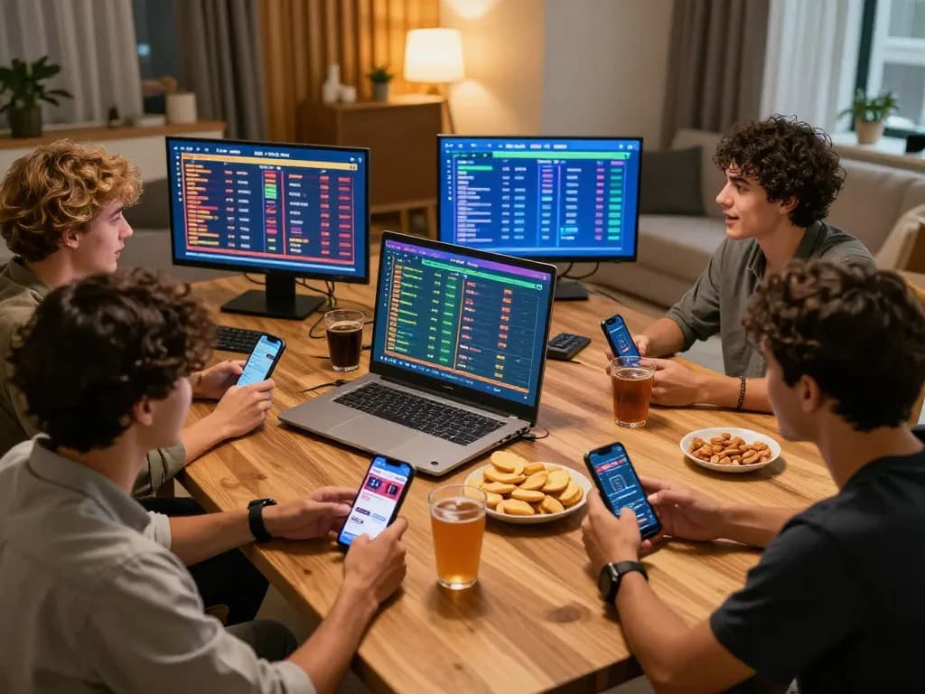Betting excitement in top 10 trang cá cược bóng đá as friends analyze stats and place bets together.