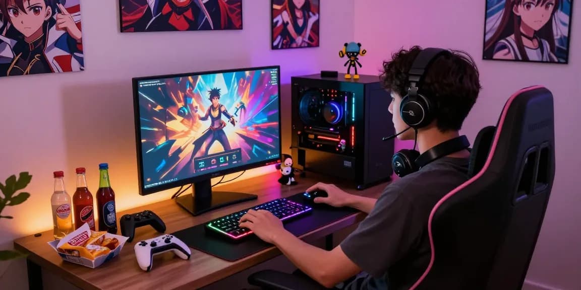 Engaging gamer playing hentai games at a stylish digital setup.