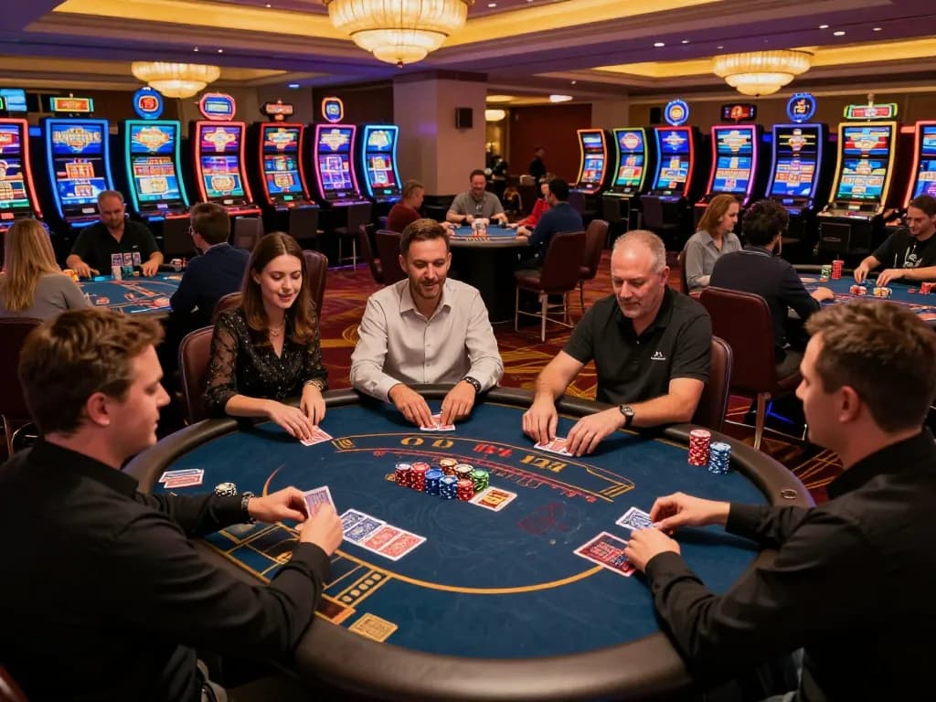 Players engaged in thrilling gameplay at IDC88JOKER casino, showing excitement with cards and chips.