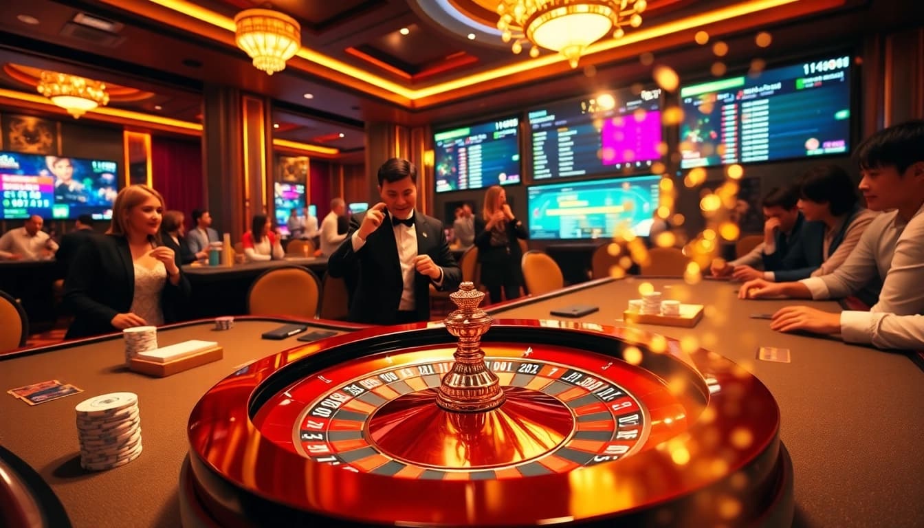 Players enjoying a stimulating game at 68win's casino table with vibrant poker chips and cards.