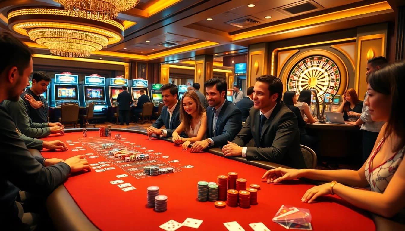 Exciting gaming atmosphere at 13Win with poker tables and roulette wheels.