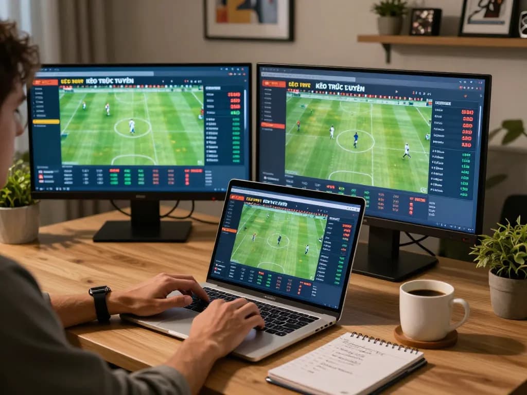 KÈO TRỰC TUYẾN live betting experience on a sleek laptop at home, showcasing game stats and strategies