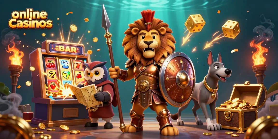 Experience thrilling online casinos with a superhero Spartan lion, strategic owl, and swift greyhound amidst dynamic game elements.