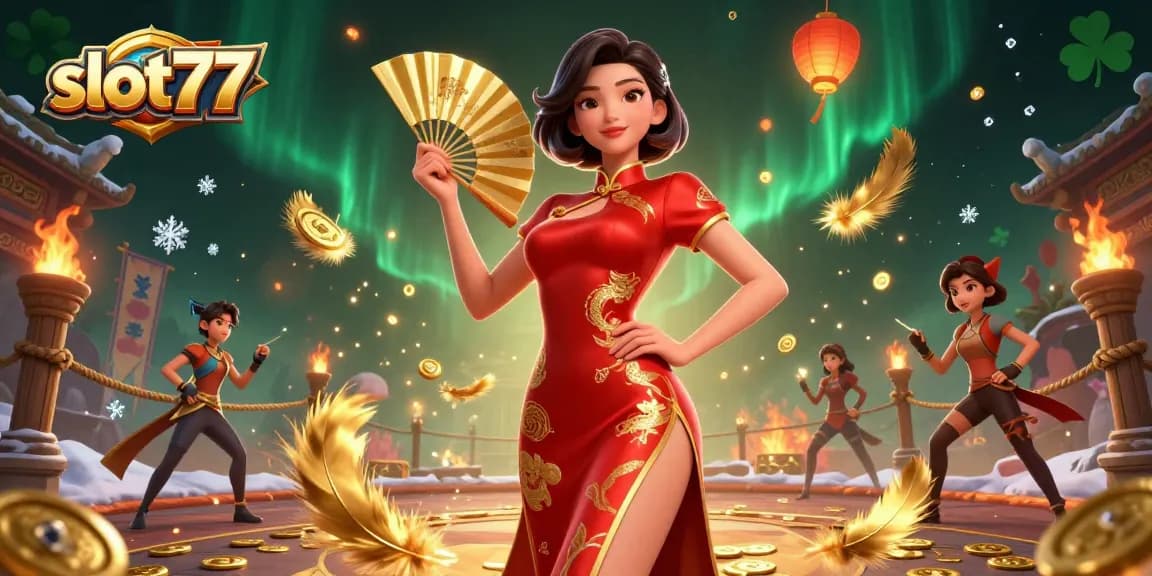Spin to win on slot77 with a confident Asian woman amidst golden coins and vibrant casino elements.