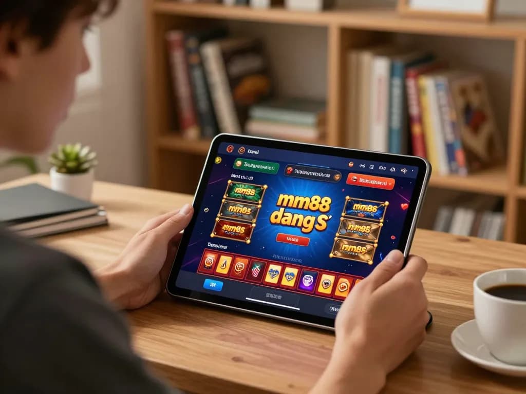 Engaging in online gaming on tablet while accessing mm88 đăng nhập at home, showcasing strategic entertainment.