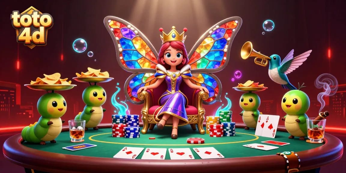 Experience the thrill of toto 4d at this lively casino scene with a butterfly queen and poker elements.