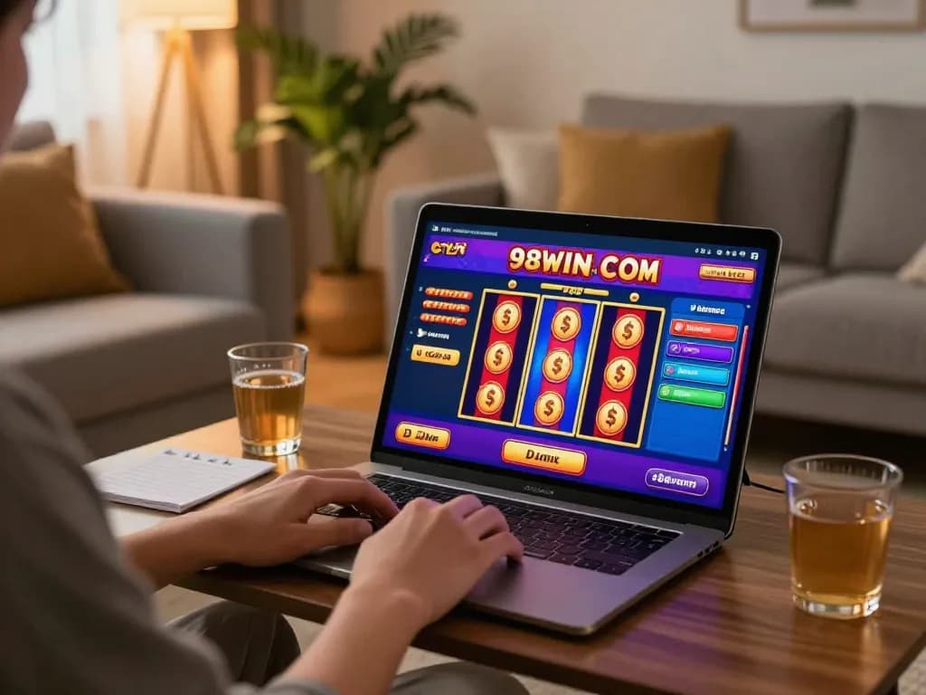 Engaging with vibrant slots on 98win com tablet in a cozy home setting