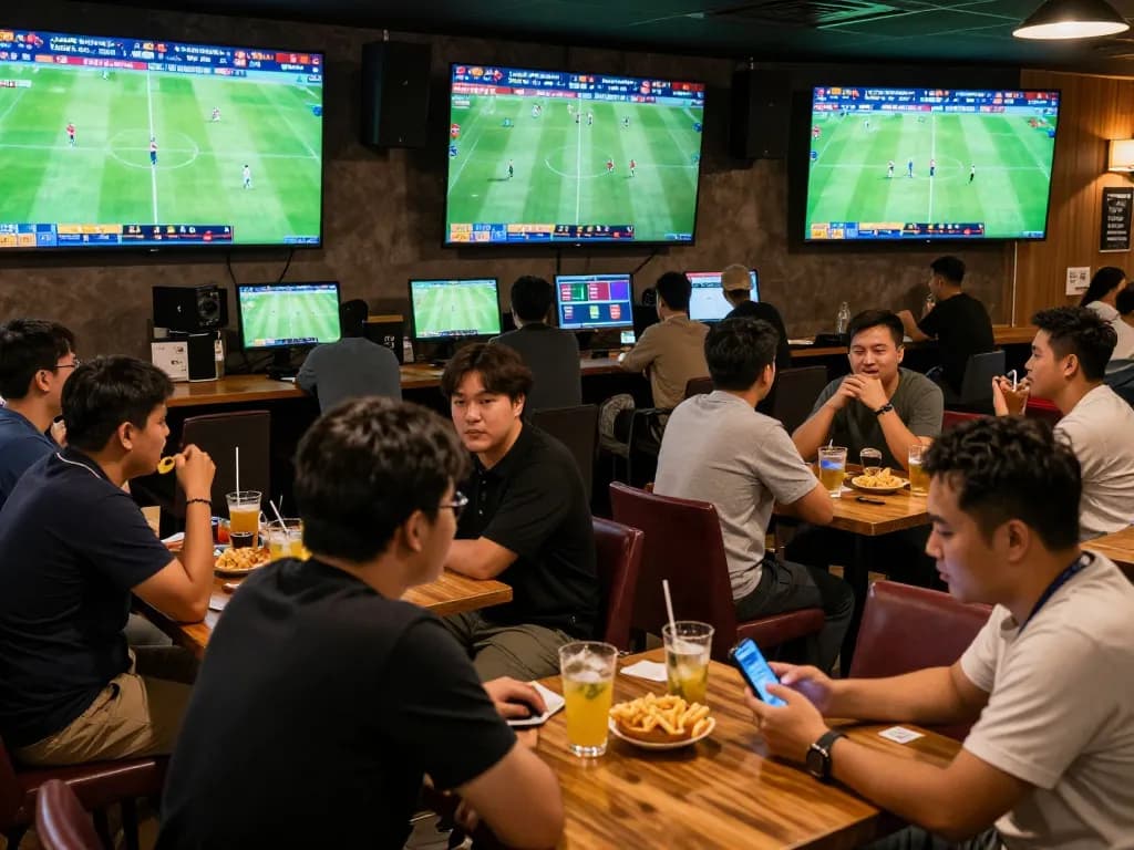 Soi Kèo enthusiasts betting on football matches in an energetic sports bar atmosphere.