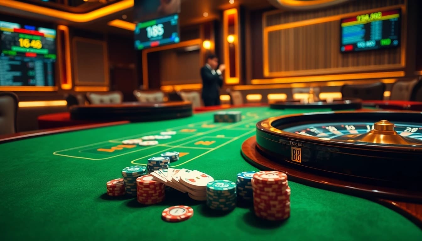 Engaging players experiencing thrilling moments at the TG88 casino table filled with poker chips and animated gameplay.