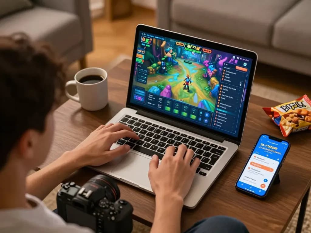 MPO08 gameplay on a laptop in a cozy home setting enhances user experience and engagement.