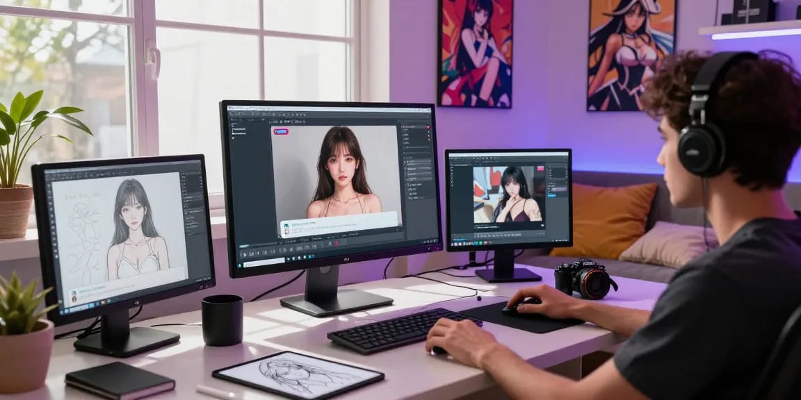 Engaging workspace for hentai ai development, featuring interactive anime-style chatbots, vibrant decor, and tech gadgets.