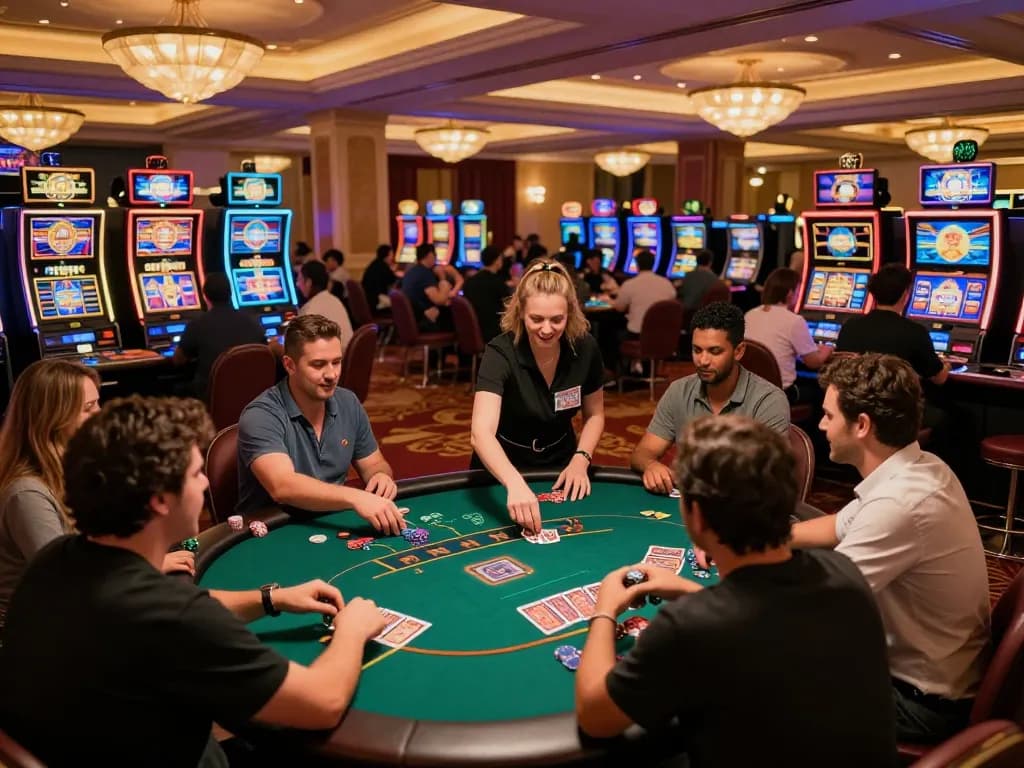 Players engaging in exciting gameplay at SC88 casino, showcasing vibrant slot machines and green felt poker tables