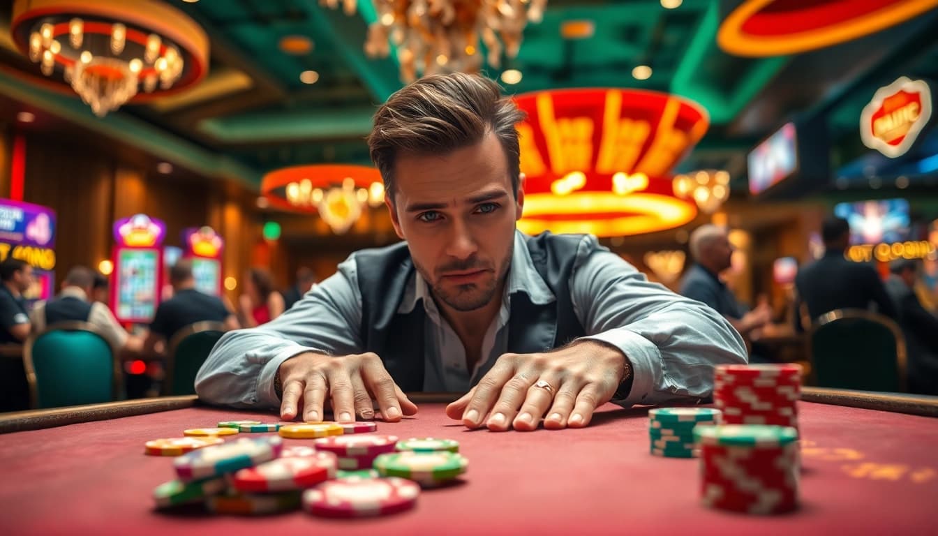 Situs toto para pemain judi berfokus pada tumpukan chip menarik di meja kasino.