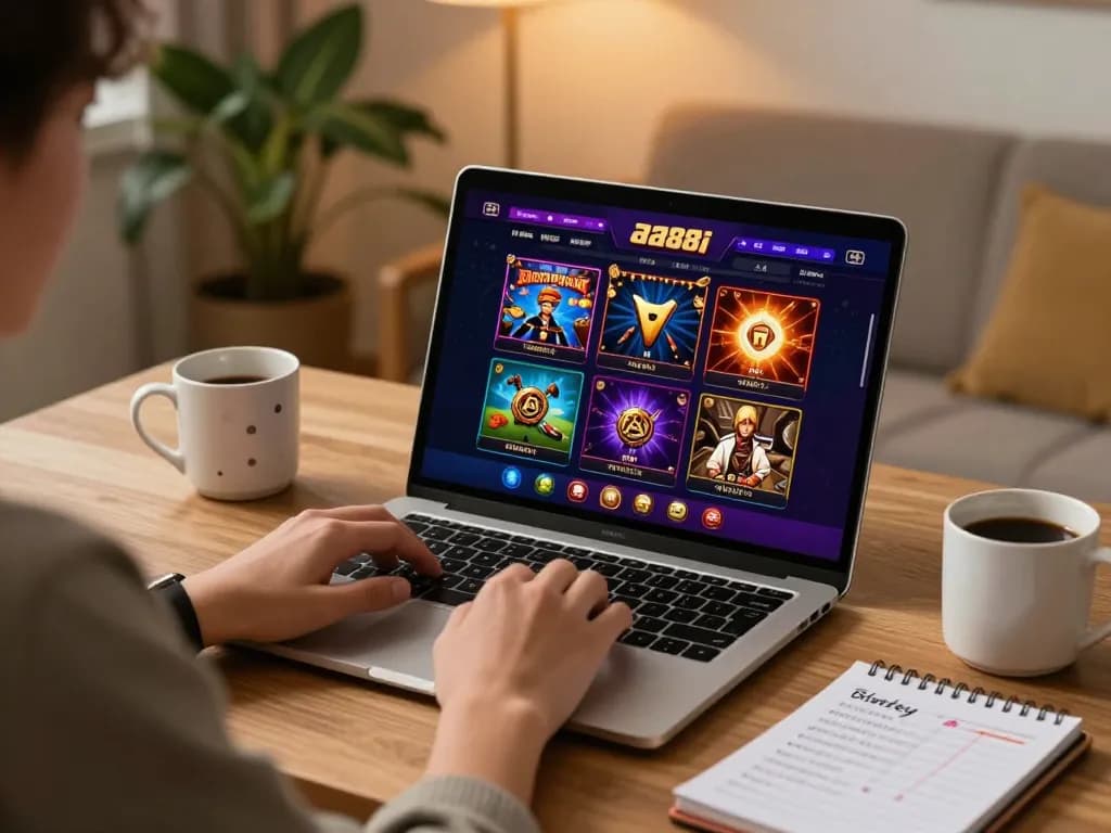 Engage with exciting games on aa88i casino interface at a cozy home office.
