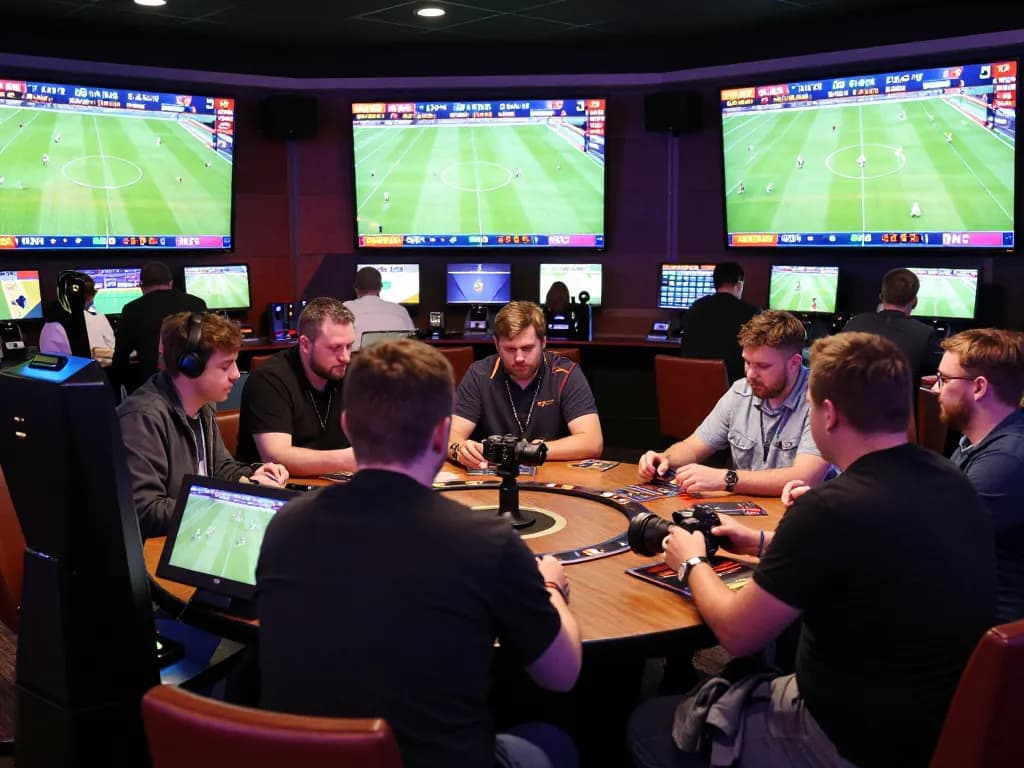 Socolive sports betting action scene with fans placing bets and live odds displayed on screens