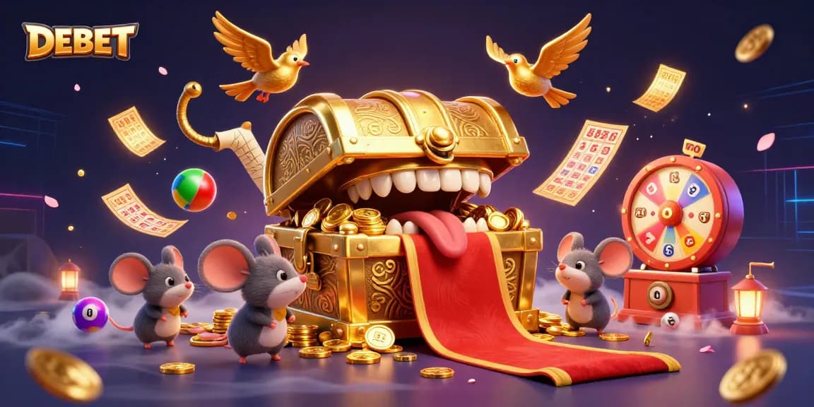 Engage in DEBET's exciting gambling adventure with vibrant illustrations featuring treasure and games.