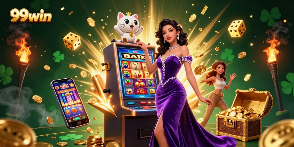 Experience 99win's thrilling jackpot excitement with a woman at a slot machine.